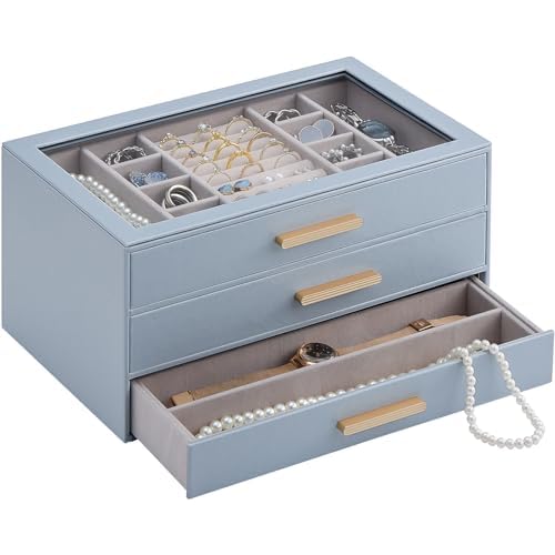 Lolalet Jewelry Box Organizer, 3-Layer Jewelry Organizers and Storage Case with Glass Lid, Ring Earring Bracelet Necklace Holder Organizer, Birthday Valentine Gifts for Women Girls -3Layer, 
