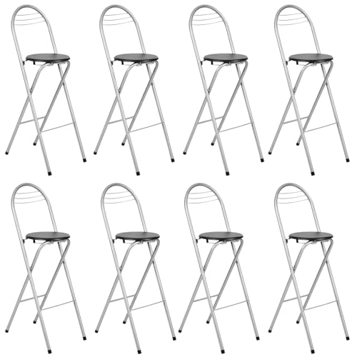 GOKHOMX - Juego de 8 taburetes plegables con respaldo, altura del asiento 75 cm, taburete alto plegable portátil, silla de bar plegable, para cocina bistro exterior, sin ensamblaje, negro y plateado
