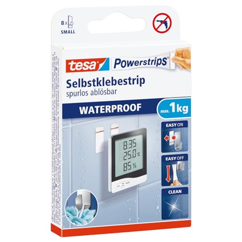 tesa Powerstrips Waterproof Strips SMALL - wasserfeste, doppelseitige Klebestreifen für Küche Bad, bis zu 1 kg Haltekraft - 1 x 8 Streifen