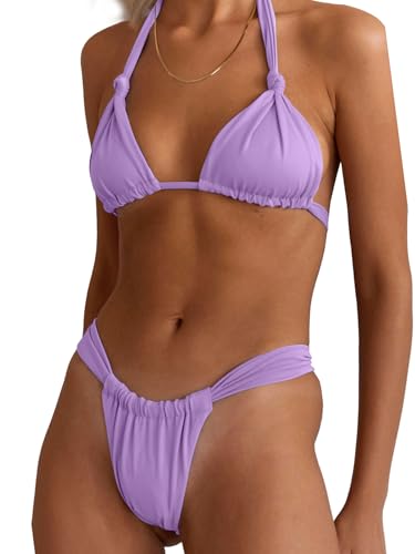 Rooscier Women's Retro Halter Triangle Top Push Up 2 Piece String Bikini Set Swimsuits3