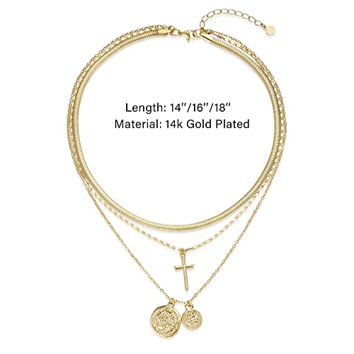 NUZON 3 Layering Necklace for Women 18K Gold Plated Paper Clip Chain Layered Choker Lock Coin Pendant Necklace Multi Strand Jewelry4