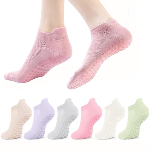 HUAOAO 6 Pairs Pilates Socks, Yoga Socks for Woman Non Slip, Breathable Yoga Socks with Silicone Grips for Studio Practice, Home Workouts, Barre & Dance