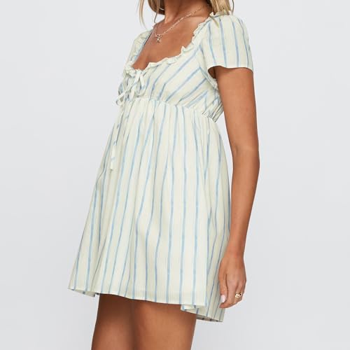 Image of Women Y2k Puff Sleeve Babydoll Dresses Square Neck Tie Back Mini Dress Summer Solid Off Shoulder Flowy Sundress