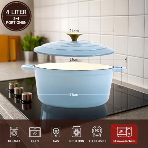 Nilpferd Gusseisen Topf Schmortopf Emaille Bräter, Puderblau, 24cm/4L – Ansicht 2