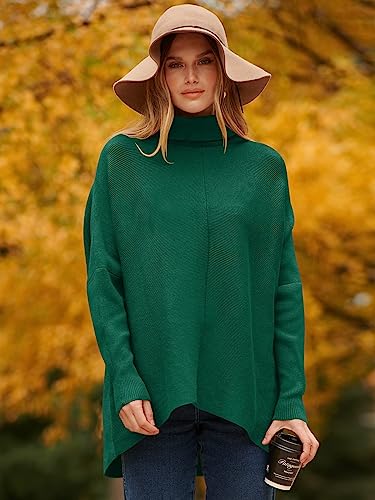 Image of ANRABESS Women's Turtle Neck Long Bat Wing Sleeve Asymmetric High Low Hem Extra Soft Sweater Fall Jumper Pullover A87molv-XS Green