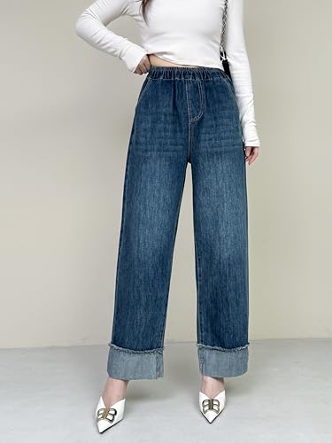 Womens Wide Leg Pants Baggy Jeans Straight High Waisted Fold Hem Denim Pants with Pockets Elastic Waist Pants (US, Alpha, Medium, Regular, Regular, A)2