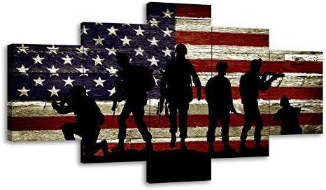 Large USA US American Flag Military Soldiers Army Wall Art Decor Canvas Prints Posters Pictures Artwork for Living Room Bedroom Home Decor 5 Panel Large Poster Framed Ready to Hang (60"Wx32"H, 26)