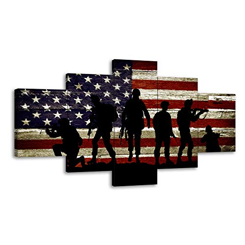 Large Usa Us American Flag Military Soldiers Army Wall Art Decor Canvas Prints Posters Pictures Artwork For Living Room Bedroom Home Decor 5 Panel Large Poster Framed Ready To Hang (60"Wx32"H, 26) #TOP23