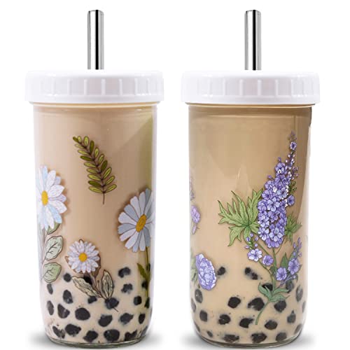 Sanfulin 2 Pack 24 Oz Floral Reusable Wide Mouth Mason Jar Cups With 2 Lids And Silver Straws For Smoothie, Bubble Tea, Iced Coffee & Juice Drinking Glasses Bottle, Blue Flowers & Daisies #TOP2