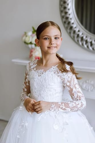 Lace Tulle Flower Girl Dress for Wedding Kids Applique Long Sleeve Pageant Dress Bowknot Princess Prom Ball Gowns3
