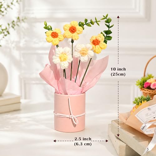 Image of Art Street Handmade Crochet Flower Bouquet with Pot | Yellow & White Knitted Artificial Flowers with Green Leaves & Ribbon | Cute Forever for Home Decor, Birthday, Anniversary