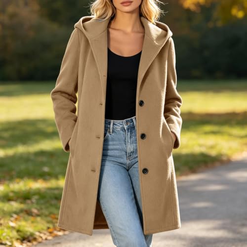 Gaexia Pea Coats for Women Long Hooded Jacket Mid Length Casual Trench Coat - image 4