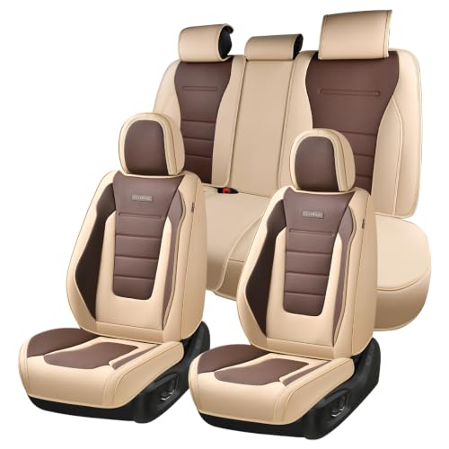 Image of Coverado Car Seat Covers Full Set, Nappa Leather Seat Covers for Cars, Car Seat Protector Car Seat Cushion, Front and Back Seat Protectors Cushions Universal Fit for Most Cars Vehicles(Beige&Coffee)