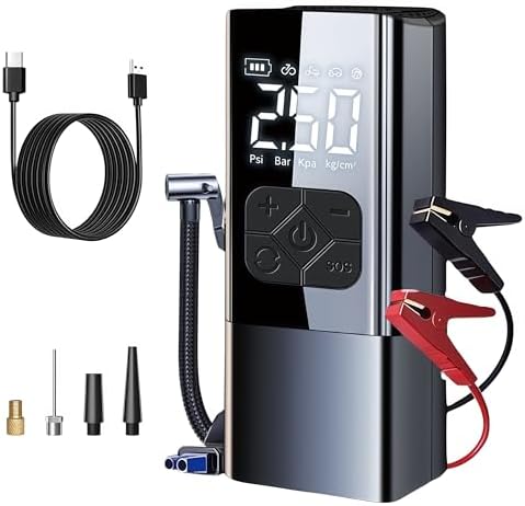 Tire Inflator Portable Air Compressor with Jump Starter - 150PSI & 8000mAh Car Battery Jump Starter with Tire Pressure Gauge,Electric Air Pump for Car Tires,Motorcycle,Bike, Balls