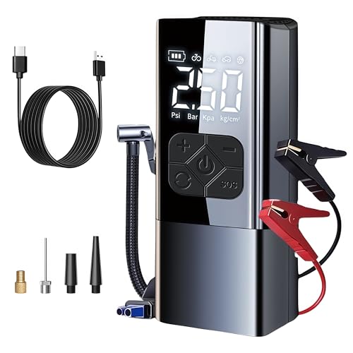 Tire Inflator Portable Air Compressor with Jump Starter - 150PSI & 8000mAh Car Battery Jump Starter with Tire Pressure Gauge,Electric Air Pump for Car Tires,Motorcycle,Bike, Balls