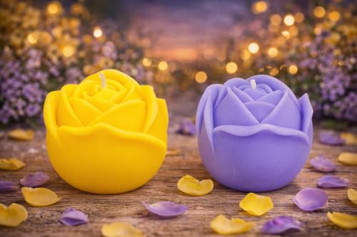 Image of Scented Rose Candle Combo Pack - 2 Rose-Shaped Candles + Hanging Car Diffuser | Decorative Aromatic Candles for Home, Car & Gifting | 4 Hour Burn | Yellow & Purple