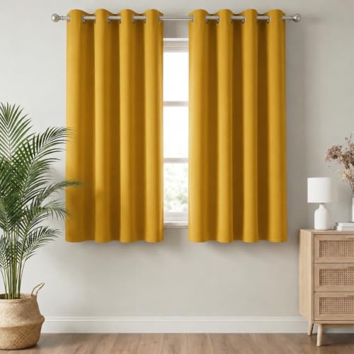 Image of 100% Blackout Window Curtains, 5 Feet, Solid Design, Faux Silk, Thermal Insulated, Noise Reducing Eyelet Door Curtain with Tie Back for Living Room & Bedroom, 115x150cm, Pack of 1 - Yellow