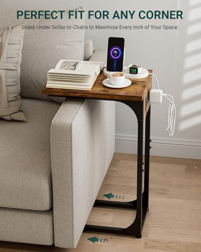 Image of C-Shaped Side Table for Couch - Small Coffee Stand Sofa Tray Desk with Metal Frame Waterproof Scratch Resistant Wood Top and Built-in Charging Station, Rustic Brown
