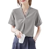 [Shanique] ブラウス レディース Vネック 半袖 シャツ 夏 春 トップス シフォン 無地 薄手 透ける ギャザー 大人 可愛い 速乾 ゆったり オフィス カジュアル 韓国 涼しい フォーマル ワイシャツ おしゃれ カットソー(グレー,L)