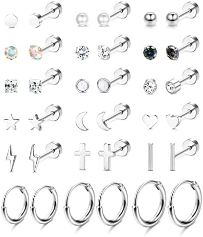 MILACOLATO 18 Pairs Flat Back Earrings Tiny Cartilage Lobe Stud Earrings Set for Women Men 316L Stainless Steel 20G Cartilage Helix Studs Earrings Moon Star Heart CZ Geometric Piercing Jewelry