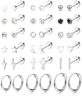 MILACOLATO 18 Pairs Flat Back Earrings Tiny Cartilage Lobe Stud Earrings Set for Women Men 316L Stainless Steel 20G Cartilage Helix Studs Earrings Moon Star Heart CZ Geometric Piercing Jewelry