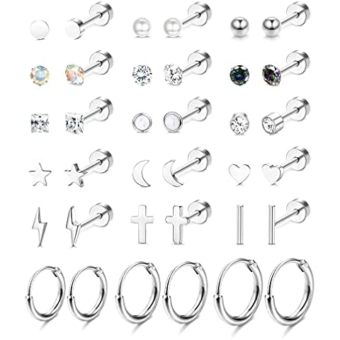MILACOLATO 18 Pairs Flat Back Earrings Tiny Cartilage Lobe Stud Earrings Set for Women Men 316L Stainless Steel 20G Cartilage Helix Studs Earrings Moon Star Heart CZ Geometric Piercing Jewelry Cover