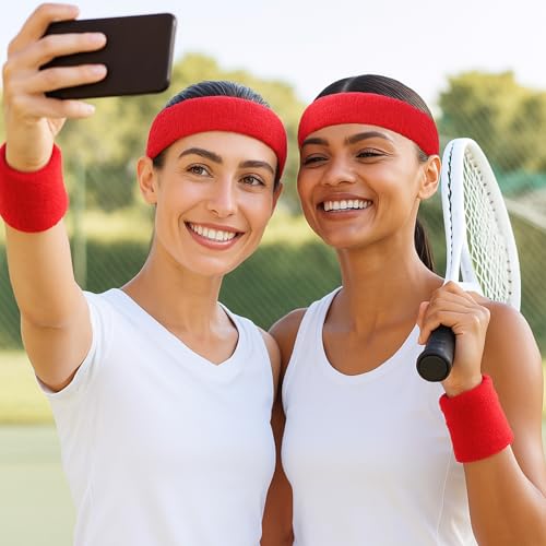 Image of Civaner 12 Pcs 80 90s Neon Sweatbands Soccer Baseball Headbands Wristband Set for Men Women Party Cotton Headbands Terry Cloth Athletic Sweat Bands for Tennis Football Gym Outdoor