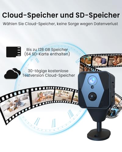 aidowocam Mini Kamera 4K Kamera Überwachung Innen mit 64G SD WLAN Überwachungskamera Innen,WiFi Camera Live Übertragung Handy APP Für Lange Standby Akku Kamera,Bewegungsmelder Nachtsicht