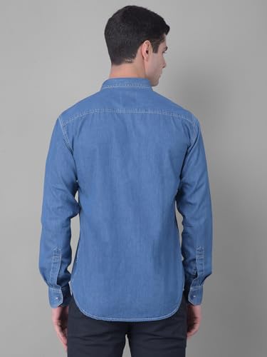 Image of COBB Solid Denim Blue Slim Fit Casual Shirt