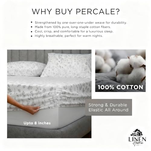 Image of Linen Home Cotton Percale Fitted Bedsheet Set SingleXL Size Floral Grey