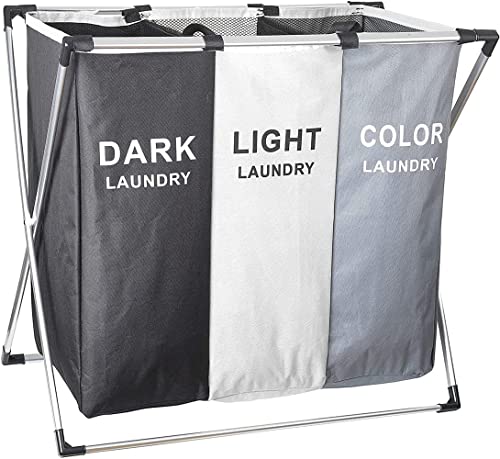 CNFQ Grand panier à linge pliable 3 compartiments avec poignée pour salle de bain chambre à coucher (avec filet à cordon de serrage)