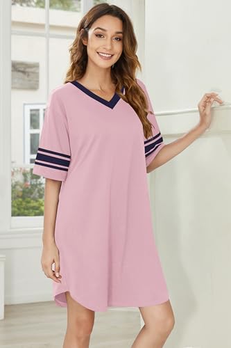 Image of Ekouaer Nightgowns for Women 2 Pack Sleepshirts Short Sleeve Nightshirt V Neck Sleepwear Casual Pajama Dress