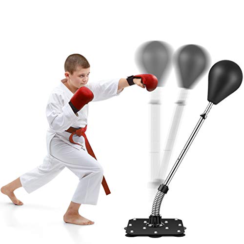 KGK Punching Bag with Stand for Adult and Kids ,Solid PU Punching Speed Bag Spring Boxing Ball Set,Freestanding Reflex Punching Pedestal Bag (Black Silver)