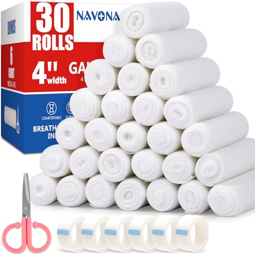 Navona Gauze Rolls 30 Pack 4 in x 4.1 Yards Individually Rolled Gauze Mummy Wrap Premium Gauzes Wrap Roll for Wounds