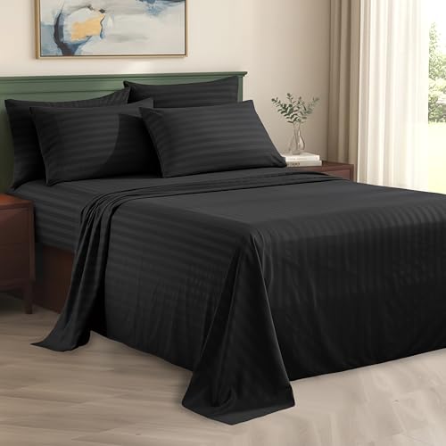 Elegant Comfort Silky-Soft 1500 Premier Hotel Quality Wrinkle-Free 4-Piece Stripe Sheet Set, King, Black