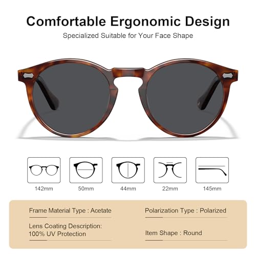 Image of CARFIA Acetate Polarized Sunglasses for Men Retro Classic Round Shades