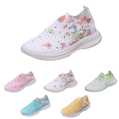 Hrtesus Women's Flower Rhinestone Sock Comfortable Slip On Sports Sneakers, Slip On Knitted Sock Sneakers with Arch Support Walking Shoes
