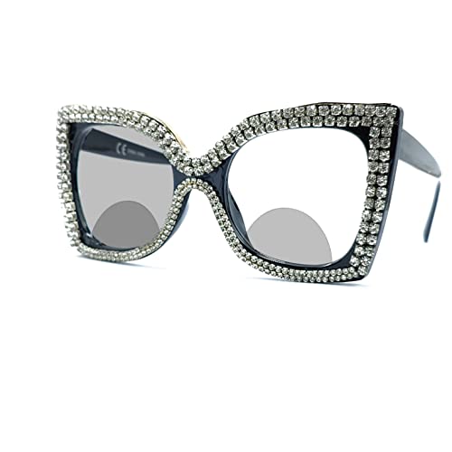 Melrose Oversized Transition Photochromic Bifocal Reading Glasses For Women,Bling Rhinestones Sunglasses Readers (Black, 2.5, Multiplier_X) #TOP2