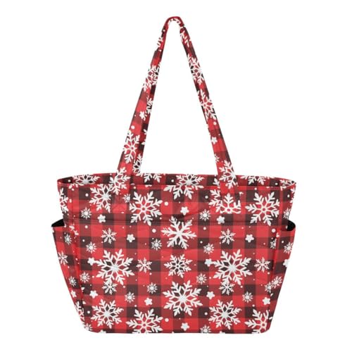 ALAZA Christmas Snowflake Red Plaid Women Tote Bag Shoulder Bag Handbag with Compartments for Travel Work Gym