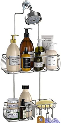 Epicano Anti-Swing Hanging Shower Caddy, Over Head Shower Caddy Rustproof with hooks for Towels, Sponge and more, Silver