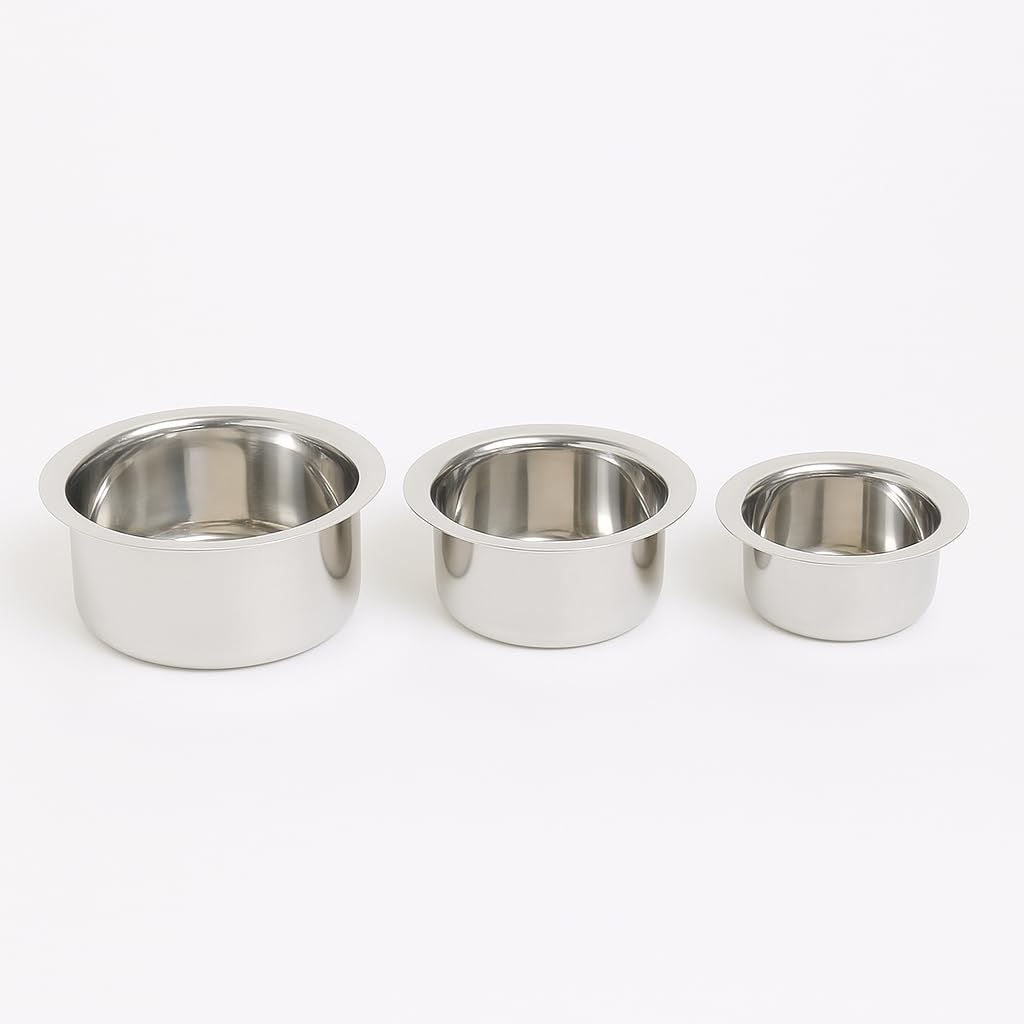 GS Stainless Steel Cooking Pots Set of 3 Piece, 300ml, 500ml, 700ml, Flat Top Design.