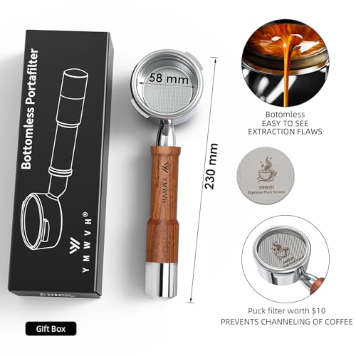 Image of 58 mm Bottomless Portafilter with 2 Ears, Not Suitable with E61 Group Heads, YMWVH Portafilter 58 mm Compatible with Gaggia Espresso Machines, with Puck Screen & Portafilter Filter Baske, Walnut