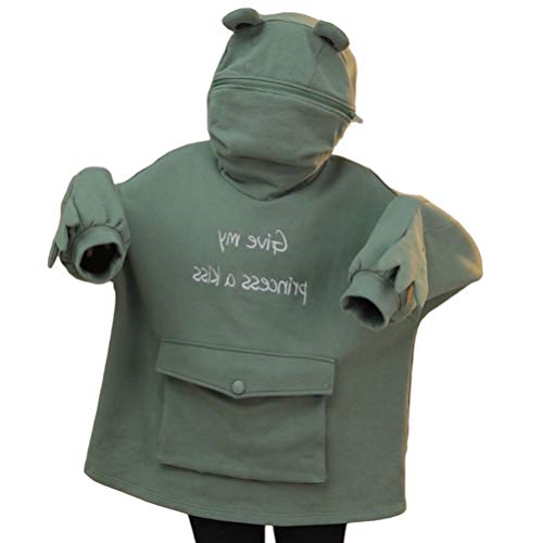 Women's Frog Hoodie Cute Animal Zip up Hooded Sweatshirt Pullover Top Green