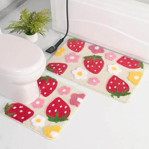Anybar Beige Bathroom Rugs Sets 2 Piece Toilet Rug U Shaped Cute Strawberry Bath Mat,Flower Bathroom Contour Toilet Mats Bathroom Accessories, Non Slip Bath Mat Washable Bath Rugs for Toilet Base Cover