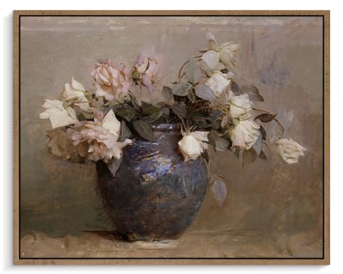 Pinetree Art Framed Canvas Wall Art for Living Room Decor, Vintage Meadow with Flowers Painting Wall Art Prints Bedroom Home Bathroom Decor (12' x 16', Roses in Vase)