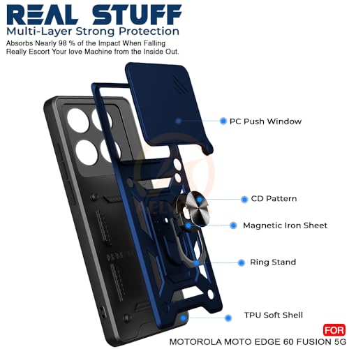 Image of Armor Bumper Back Cover Case for Moto Edge 60 Fusion 5G Rotating Camera Cover, Ring Holder & Kickstand | Heavy Duty & 360 Degree Protection Moto Edge 60 Fusion 5G Back Cover (Blue)