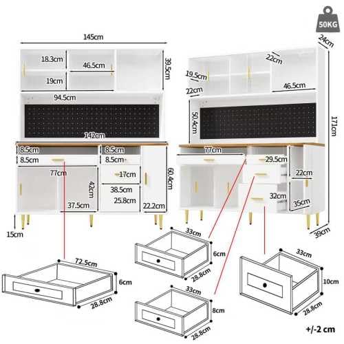 vutizal Armario alto para salón con iluminación LED, sistema de estantería regulable en altura, puertas correderas de cristal, solución de almacenamiento modular, armario con botellero, blanco, 145 ×