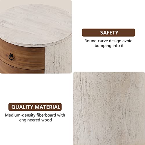 COSIEST 3 Drawer Chest of Drawers, 20 inch MDF Round Storage Cabinet, Retro Whitewash Finish Nightstand, Wood Bedside Table with Drawers for Bedroom Living Room