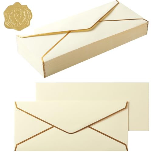 50 Pack #10 Business Envelopes with Gold Border, Self Seal Standard Envelopes with Gold Stickers for Office, Checks, Letter Mailing, Invoices, 4 1/8 x 9 1/2 Inches (Cream Color)
