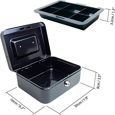 Image of Lukia 8 inch Steel Cash Box (Money Storage Box /Coin Box) with Coin Compartments | Cash Box with Lock and Key